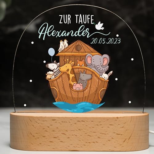 Kidsmood – Personalisiertes Taufgeschenk für Mädchen & Jungen - Nachtlicht mit Arche Noah Design, Namen & Datum - Liebevolle Nachtlampe als Erinnerung zur Taufe