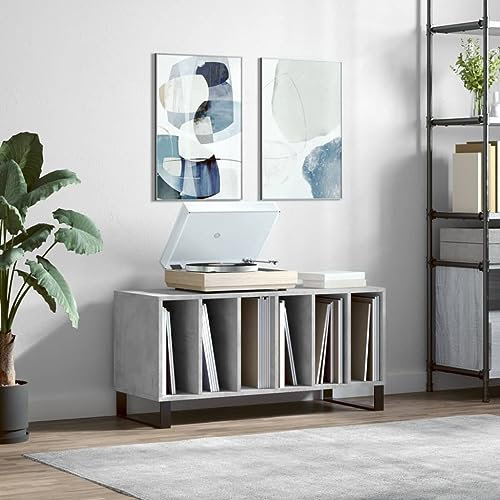 prissent Disc Schrank Grau Beton 100 x 38 x 48 cm Holz Sperrholz Regal Holz Schallplatten Vinyl Möbel Wohnzimmer Schrank TV-Schrank CD-Möbel Bücherregal schmal CD Regal