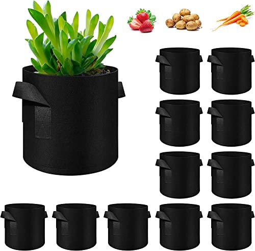WHATWEARS Pflanzbeutel für Pflanzen, verdickte Vlies-Blumentöpfe mit Griffen, Gemüse-Pflanzbeutel, Behälter, Stoff-Pflanzgefäße für Garten, Gemüse, Blumen, Pflanzen, Obst, Outdoor, Schwarz, 12 Stück