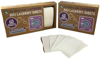 Eco Green Living Sábanas para la Colada, Tiras de Detergente Hipoalergénicas para Lavadoras y Lavado a Mano, 60 Hojas, Aroma a Lavanda, Paquete de 2