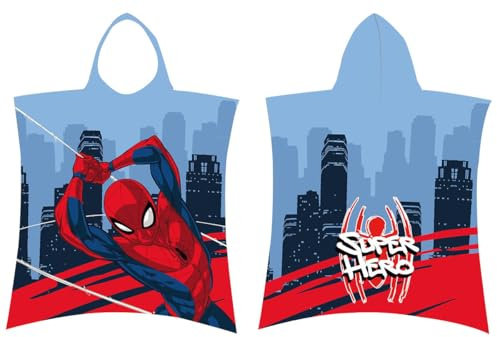 Jerry Fabrics Marvel Spiderman Baumwoll-Handtuch-Poncho für Kinder, 115 x 50 cm, Badetuch, Kapuzenponcho, Schwimmbad, Surfen, weich, saugfähig, Bademantel für Jungen von