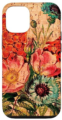 Hülle für iPhone 12/12 Pro Botanische Blumen Etui Kork Holzmaserung Design Druckeffekt