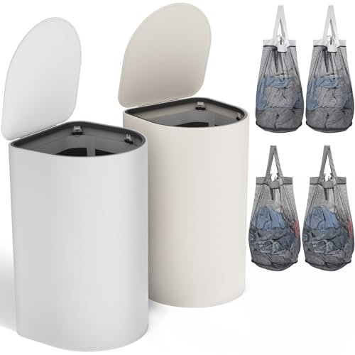 HELLKOPF 2er Pack Wäschekorb mit Deckel 140L Groß Kapazität - Wäschesammler mit 2 Fächer zum Sortieren der Schmutzwäsche, 4 Abnehmbar Innensäcke, Laundry Baskets Einfach Montieren, BeigeHellgrau