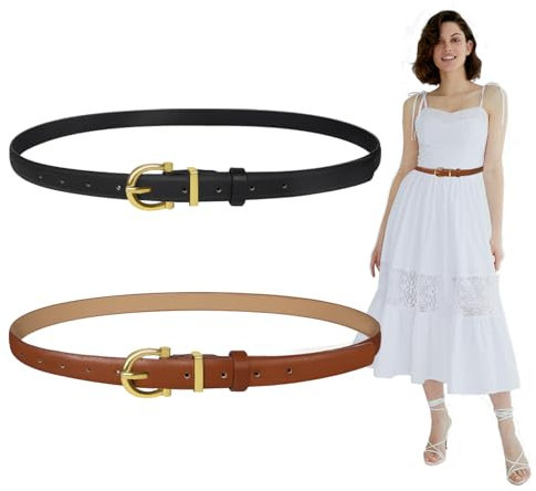 VINEST 2 Stück Schmaler Gürtel Damen, Verstellbar für 60-93cm, Taillengürtel mit Gold Metallschnalle, Exquisit und Vielseitig, Ledergürtel für Kleider Jeans Hosen Mantel