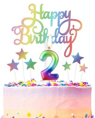 Rainbow Number 2 Birthday Candle for Cake, Metallic Rainbow Birthday Candles Cake Toppers, Happy 2nd Birthday Candle, Colorful Cake Candles Cake Toppers for Girls Boys Birthday Party Decorations