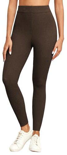 Famulily Ladies Ribbed Knit Leggings High-Waisted Slim Warm Tights for Women's Autumn Winter (L, Brown)