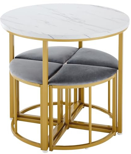 Azkoeesy Luxus-Essgruppe 5-TLG. - Esstisch 75x80 cm mit 4 Samt-Polsterstühlen - MDF-Tischplatte Marmoroptik & vergoldeter Eisenrahmen - Moderne Esszimmergarnitur (Grau/Gold)‌
