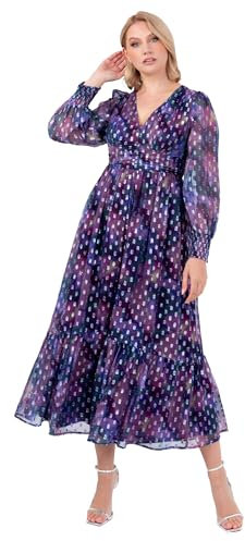 Lovedrobe Women's Midaxi Dress Ladies V-Neck Long Sleeve Tiered Hemline Empire A-Line Chiffon Faux Buttons Evening Occasion Vestito, Viola, 54 Donna