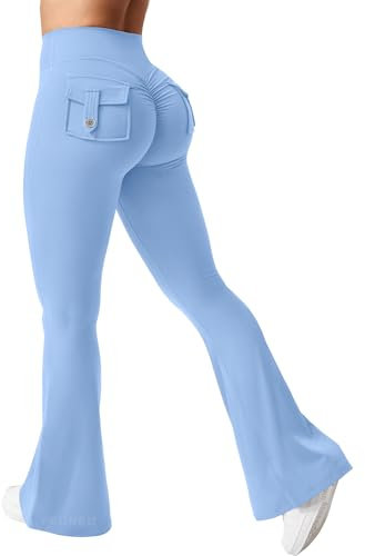 YEOREO Damen Flare Leggings mit Pockets Scrunch Butt Sport Leggings Hohe Taille Bootcut Leggings Workout Gym Yoga Casual Hellblau XS