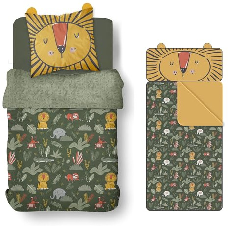 Kinderbettwäsche Set 3-teilig mit Schlafsack - Bettbezug 135x200 80x80 cm + Schlafsack 142x62 cm - Bettwäsche mit Ohren und Dschungel Motiv Löwe - Bettwäsche aus 100% Baumwolle mit Reißverschluss