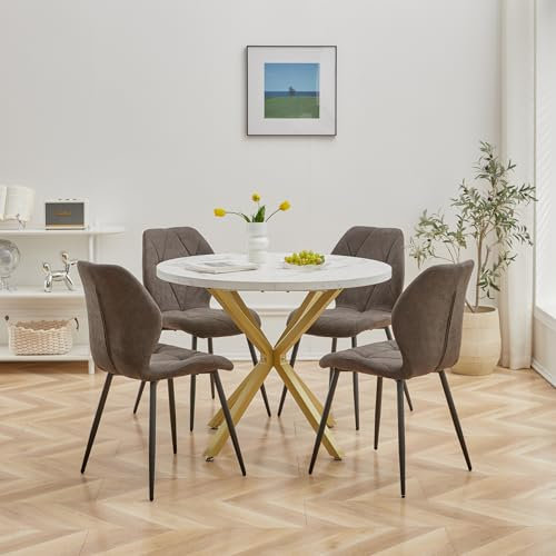 DEYARNA HOME Essgruppe 5-Teilig, 100cm Runder Esstisch und 4 Leinen-Esszimmerstühle, Esstisch und Stühle für 4 Personen, 4 Stühle & Tisch für Küche, Esszimmer und Wohnzimmer (Weiß/Gold+Schwarz)