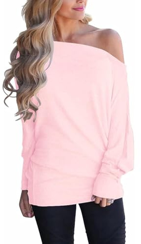 Sxkayxr Off The Shoulder Tops for Women Batwing Long Sleeve Jumpers Shirts Knit Tunic Tops Casual Loose Fit Oversized Pullover Sweaters Pink