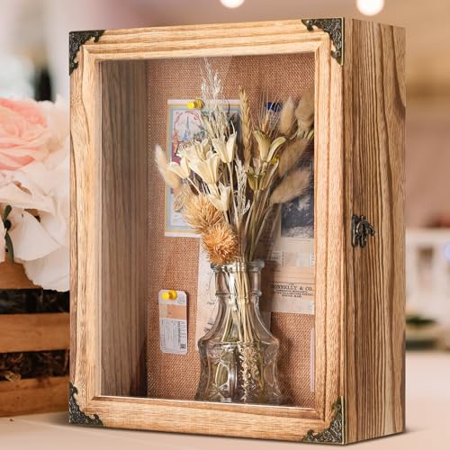 Cinnvoice Extra-tiefer Schattenkastenrahmen, 11,9 cm, Braun, 27,9 x 35,6 cm | Rustikale Erinnerungsbox aus Holz, mit Metallscharniertür und Griff, Leinenrückseite, für Hochzeitsblumen, Medaillen