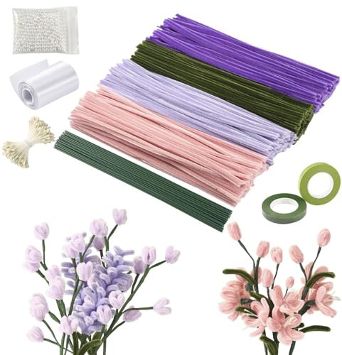 ToKinCen Pfeifenreiniger Blumenstrauß Set, 400 Stück Pfeifenputzer zum Basteln, DIY-Komplettset für Handarbeit und Hochzeitsblumendeko