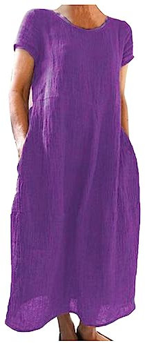 Abito Lungo da Donna in Cotone E Lino, Abiti Estivi Donna Abito da Donna a Righe Boho Caftano Abiti in Cotone Mezza Maniche Scollo Rotondo con Tasche Abito Maxi da Spiaggia Vacanza Festa Vestiti
