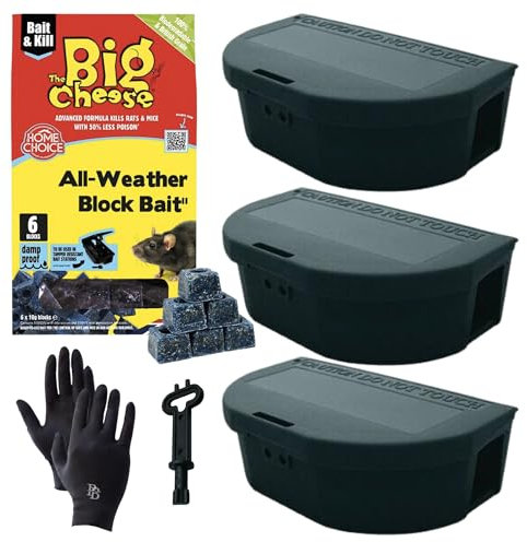 Mouse Control Bundle: With 3 x Lockable Mouse Bait Box Mouse Traps for Indoors, The Big Cheese All-Weather Block Bait 6 x 10g, Mice Repellent & 1 Vinyl Gloves for Safe Handling