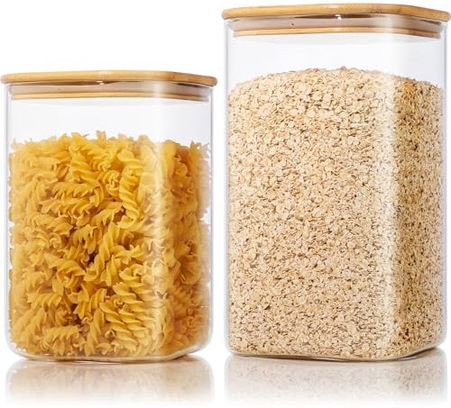 Extra Large Square Glass Flour & Sugar Storage Containers with Airtight Lids, 168oz & 84oz - 2 Pack Glass Jars with Bamboo Lids, Air tight Pantry Food Storage Containers for Cereal, Pasta, Rice