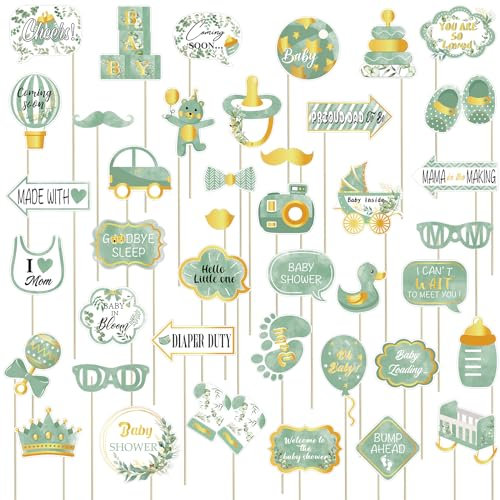 41 Stück Sage Grün Gold Babyparty Deko Foto Booth Requisiten,Greenery Babyparty Foto Booth Requisiten Dekoration für Mädchen Junge Gender Reveal,Baby Shower Deko,Babyshowerparty Fotobox Accessoires