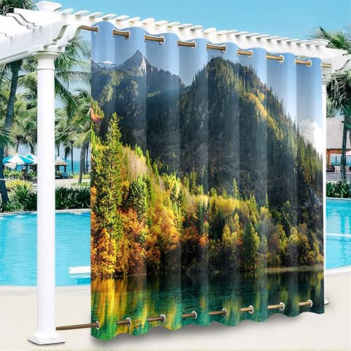 Odot Outdoor Curtains Waterproof with Grommet (Top＆Bottom), 1 Panel Windproof Blackout Thermal Insulated Privacy Curtain for Garden Patio Pergola Pool, 3D Mountain Prints (Dark green,52x71.65in)