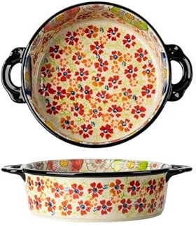 Shihan-2015 Teglie da Forno Teglia da forno vintage rotonda a doppio orecchio da 880 ml, teglia da forno multifunzionale in ceramica Teglie