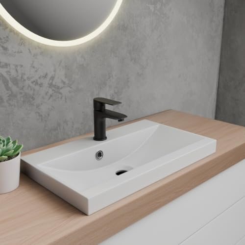 Lindbergh® Formano + Black Edition Waschbecken, Aufsatzwaschbecken aus hochwertigem Mineralguss, Weiß, 60 x 35, Rechteckig, Badezimmer (2. Waschbecken mit Armatur Black Edition)