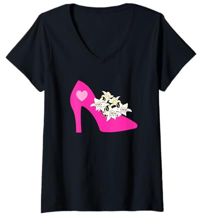 Womens High heels lover pink heels shoe collector lily flower lover V-Neck T-Shirt