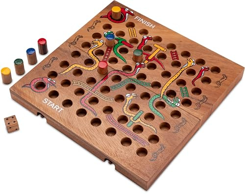 LOGOPLAY Schlange & Leiter Gr. XL 25cm x 25cm mit klappbarem Spielbrett für 2 bis 4 Spieler - Würfelspiel aus Holz