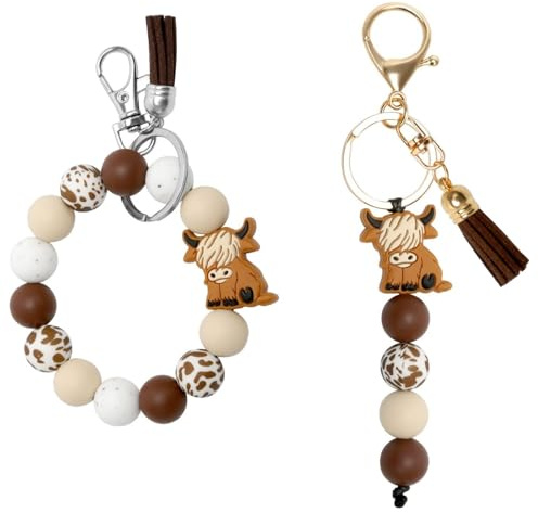 Juyibaao 2 Pcs Highland Cow Keychain & Beaded Wristlet Bracelet Set, Silicone Cow Print Keyring with Tassel, Cute Farm Animal Bag Charm Gift for Women