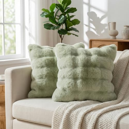 Neelvin 2er Set Decorative Kissenbezug Superweichen Plüsch Kurze Wolle Kissenhülle Luxus Zierkissenbezüge Sofakissen für Sofa Wohnzimmer Schlafzimmer 45x45cm Grüner