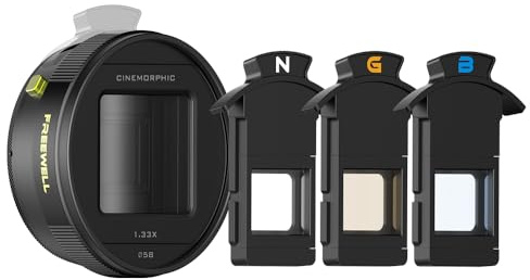 Freewell Objectif anamorphique 1,33x pour iPhone et Samsung – 3 couleurs évasées en un seul objectif (neutre, or, bleu) – Objectifs cinématographiques pour smartphone avec bokeh ovale – Compatible