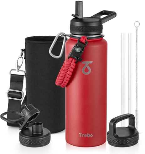 Trebo Water Bottle 1.2 L Stainless Steel with Paracord Handle & 3 Lids | Large Vacuum Triple Wall Metal Flask Insulated with Carry Pouch, Strap, Dishwash safe, Cold 48 Hrs, Wide Mouth, Leakproof
