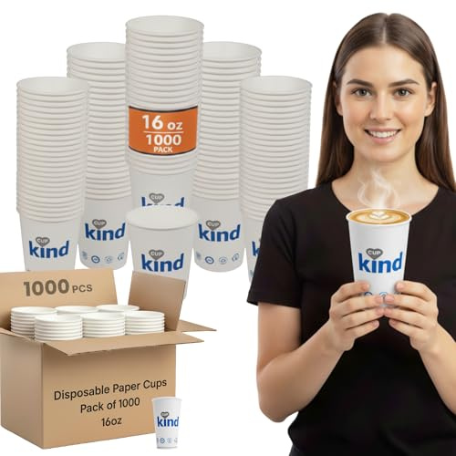 16oz Disposable Paper Coffee Cups 1000 Pack Single Wall Hot and Cold | Twenty sleeves of 50, rolled rim with lid seat, for cafes, parties, offices, catering, events, takeaway counters
