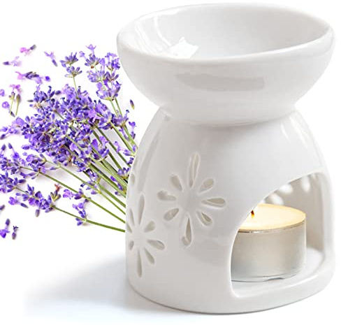 Duftlampe für ätherische Öle, Keramik Aromalampe mit Teelichthalter und Blumenmuster, Duftöl Diffusor, Aroma Diffuser für entspannende Atmosphäre, 9,5x7,5x5,3 cm
