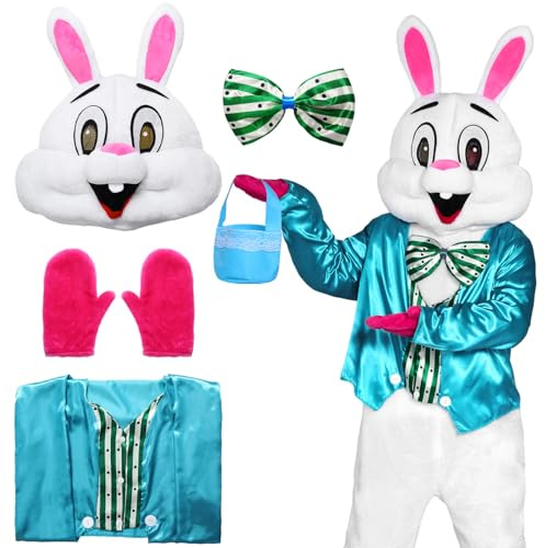 SERTAS Osterhasen Kostüm Erwachsene mit blauer Weste und Fliege, Maskottchen Hasenkostüm für Osterfeiern und Partyveranstaltungen