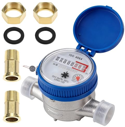 Wasserzähler Garten 1/2 Zoll, Wasseruhr Garten Geeicht, 15mm Kaltwasserzähler Geeicht Zapfhahnzähler Wasseruhr Zapfhahn Wasserzähler Set mit Armaturen Schutzhülle, für Haus Garten Hausgebrauch