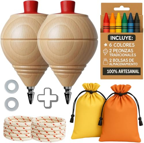 AF® - Trottola legno, Set: 2 Trottole per Bambini + 6 Cere Colorate | Personalizza la tua trottola tradizionale con Punta Penna Biro | Ideale come Regalo Fine Anno Scolastico