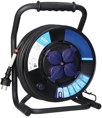 Miratic Profi Kabeltrommel 40m IP44 | H07RN-F 3G2,5mm² Gummikabel | Verlängerungskabel 4 Schuko-Steckdosen mit Anti-Twist-System & Thermoschalter | CUBE Ständer | für Garten Werkstatt Baustelle
