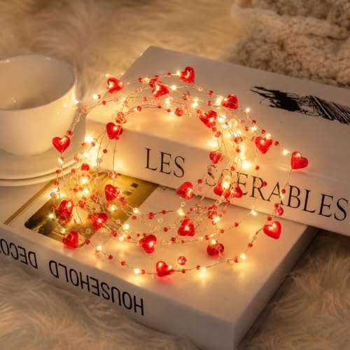 ZingBox Herz Perlen Lichterkette, 2M 20 LED Perlengirlande Lichterkette Batteriebetrieben, Rot Perlenlichterkette für Hochzeit, Valentinstag, Weihnachten, Jga Accessoires, Party Deko