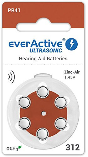 everActive 6 Stück, Hörgerätebatterien, hohe Leistung, Zink-Luft-Batterien, 1 Blisterkarte, 4-jährige Haltbarkeit, braun, Ultrasonic PR41, EVHAB312