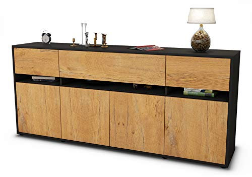 Stil.Zeit Sideboard Flora, Korpus anthrazit matt, Front Holz-Design Eiche (180x79x35cm) Push-to-Open Technik & Leichtlaufschienen