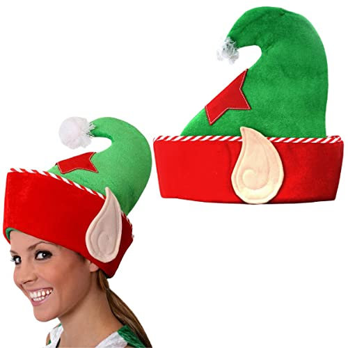 Weihnachtsmütze mit Elfenohren für Erwachsene - Weihnachtsmütze - Elfenmütze aus Plüsch in Grün und Rot mit Elfenohren, einem roten Stern und einem weißen Pompon am Ende der lockigen Spitze