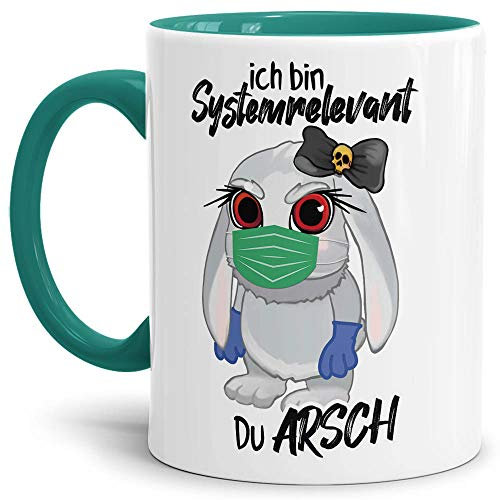 Tasse mit Spruch - Systemrelevant - Hasi - Kaffee-Tasse/Arbeit/Job/Lustig/Erinnerung Krise Virus 2020 - Innen & Henkel Türkis