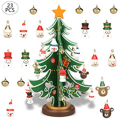 YiYa Mini Holz Tischplatte Weihnachtsbaum Weihnachtsspielzeug Set mit 18 Mini Weihnachtsschmuck und 1 Stern Baumkrone für Weihnachtsdekoration Tischdekoration (S)
