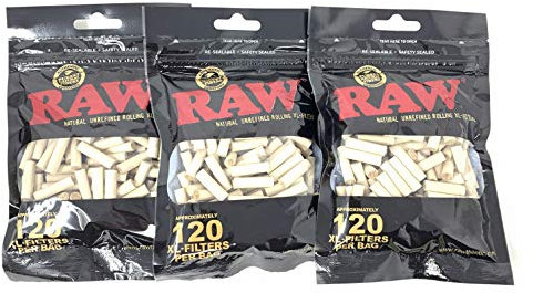 RAW Black Natural Unrefined XL-Rolling Filter 6mm 22mm 120Tips/Bag - 3pack