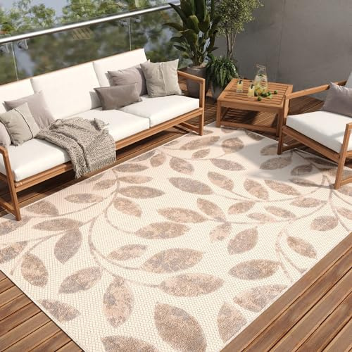 TAPISO Patio Teppich Indoor Outdoor Creme Beige Blätter 200 x 300 cm | strapazierfähiger Teppich UV-beständig Flachgewebe Sisaloptik Robust Wetterfest Terrasse Wintergarten Balkon OEKO-TEX