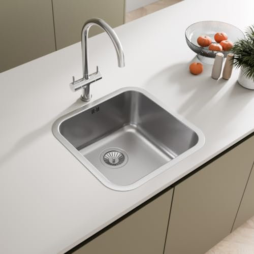 SÄUBER® 450 x 450mm Stainless Steel Kitchen Sink Square Single One 1.0 Bowl Undermount Installation, 18/8 Grade Steel Sinks, Free Basket Strainer Waste