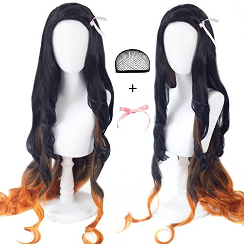 Liamiona Cosplay Perücke Anime Long Curly Black Gradient Orange Frauen Haar Halloween Party Kostüme Perücke + kostenlose Perückenkappe