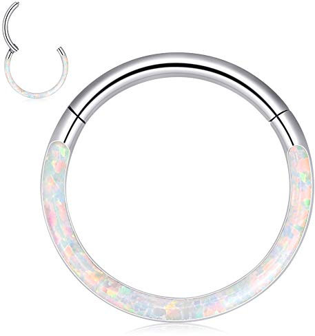 Longbeauty Boucles d'oreilles cartilage CZ 12 mm or rose argent en acier inoxydable 316L avec opale anneaux de nez pour daith Helix Tragus Piercing bleu blanc rose violet acier inoxydable Opale