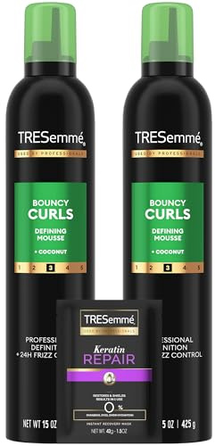 TRESemmé Defining Mousse, Bouncy Curls, Full-Size 2-Pack + Travel-Size – Curly Hair Products with Coconut Oil, 24H Frizz Control