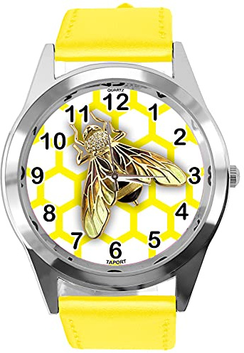 TAPORT Runde Quarzuhr fur Bienenfans, Leder, Gelb